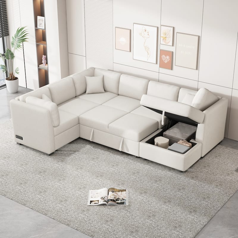 Roomfitters 108.6" U-Shaped Sectional Sofa Pull-Out Sofa Bed with USB Ports, Power Sockets, Back Pillows, Beige - Beige