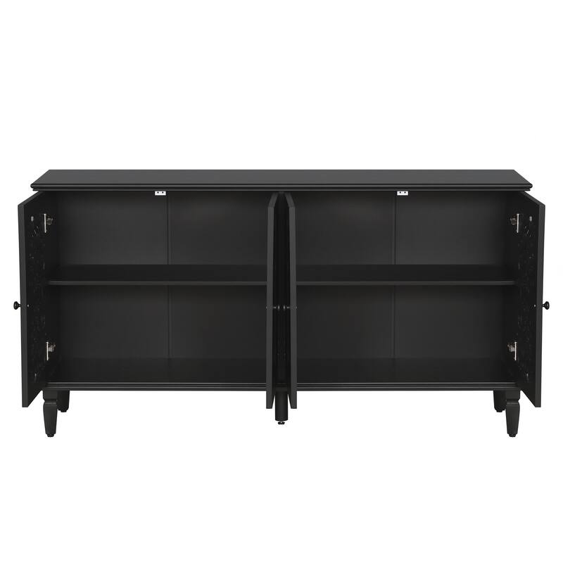 Buffet Cabinet with Floral Carvings with Solid Wood Legs&Antique Brass Handles&Adjustable Shelves,