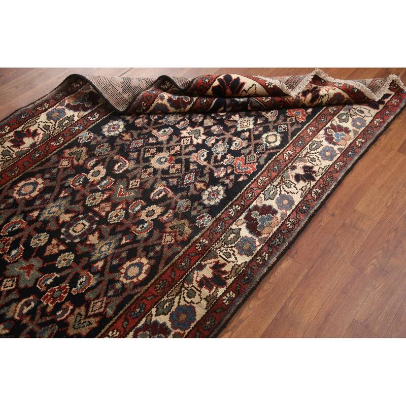 Hand Knotted Oriental 100% Wool Carpet Traditional Geometric Black Malayer Runner Rug - 10' 3'' X 3' 4''