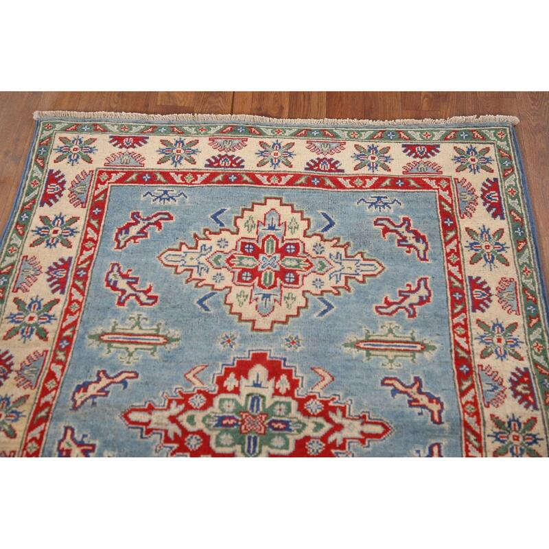 Light Blue Geometric Kazak Oriental Rug Hand-Knotted Wool Carpet - 3'4"x 4'10"