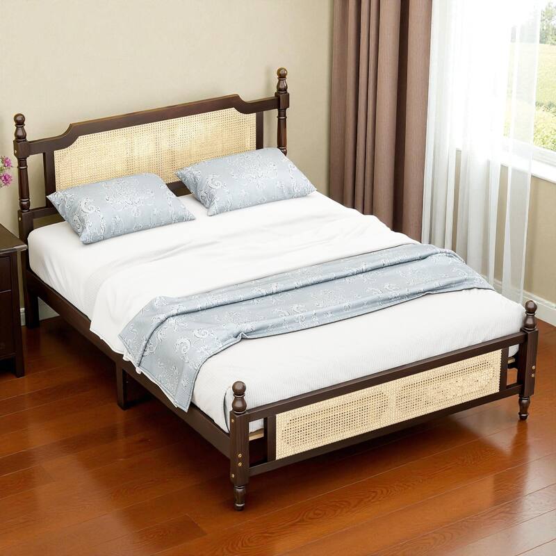 Queen/King Size Pine Wood Bed with Rattan Headboard and Footboard, Solid Frame with Central Support and Under-Bed Storage - Espresso - Queen