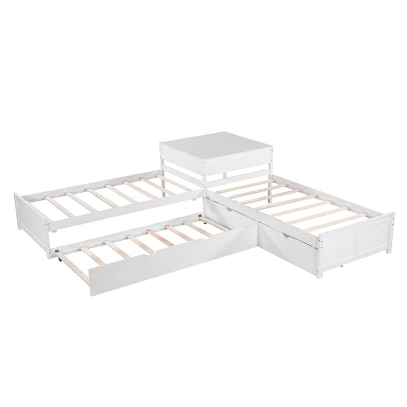 Twin Size L-Shaped Corner Platform Beds with Trundle and Drawers Linked with Built-in Desk