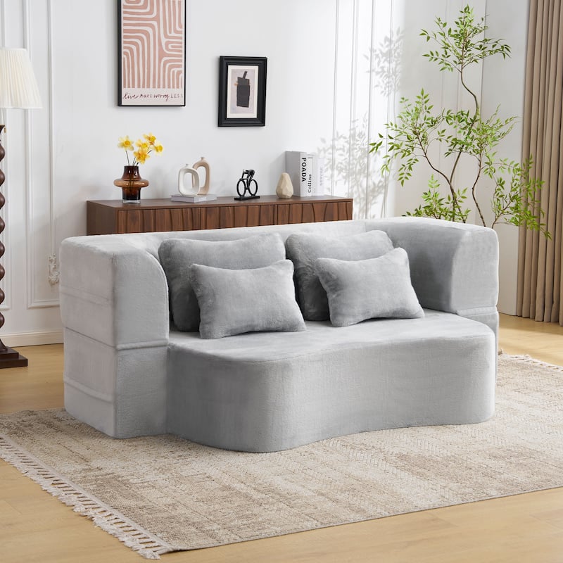 Queen Size Modern Sofa With 4 Pillows,Plush Fabric Futon Sofa Couch,High-Density Foam Folding Mattress,No Assembly Required - LIGHT GREY