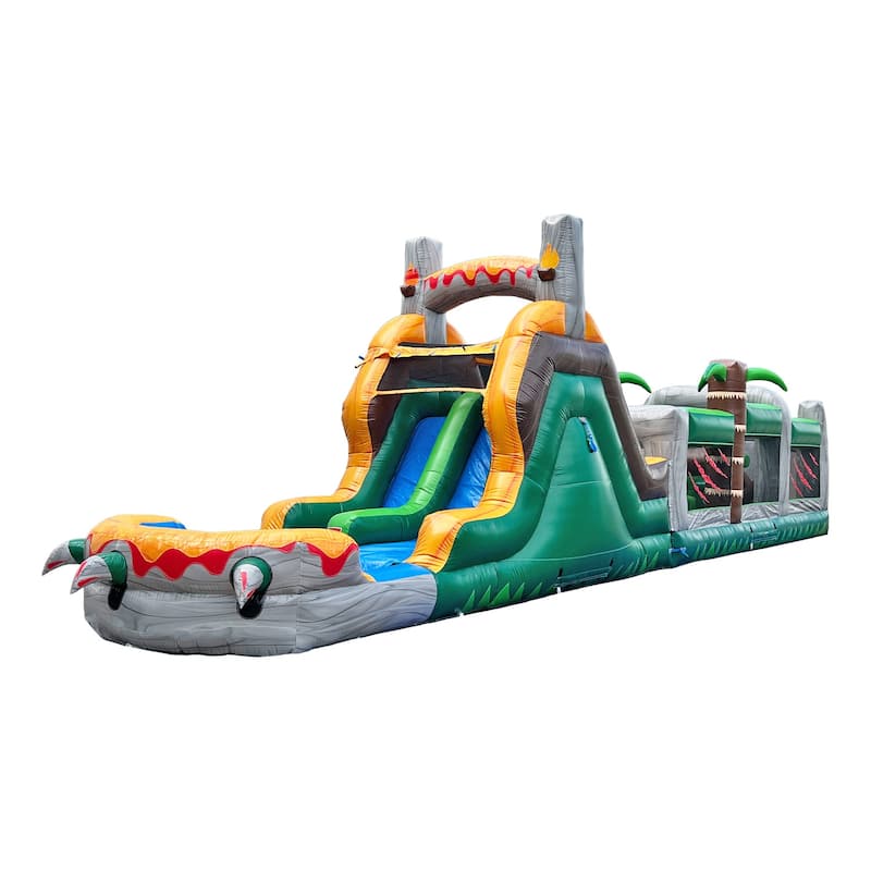 HeroKiddo T-Rex Adventure 42' Inflatable Obstacle Course with Water Slide - Commercial Grade, Wet & Dry Play (Blowers Included)
