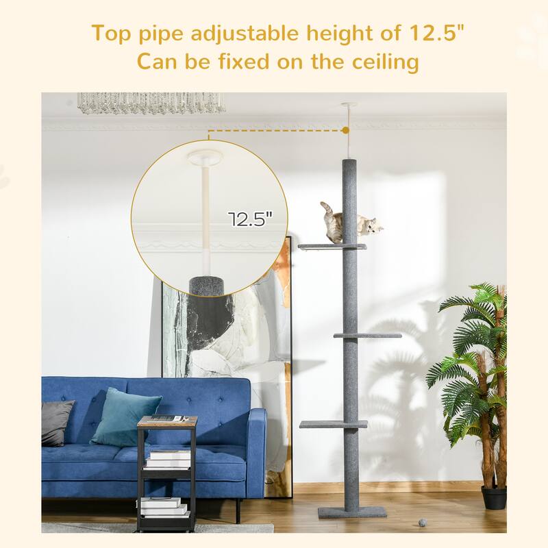 PawHut Floor-to-Ceiling Cat Tree Cat Climbing Tower with Sisal-Covered Scratching Posts Natural