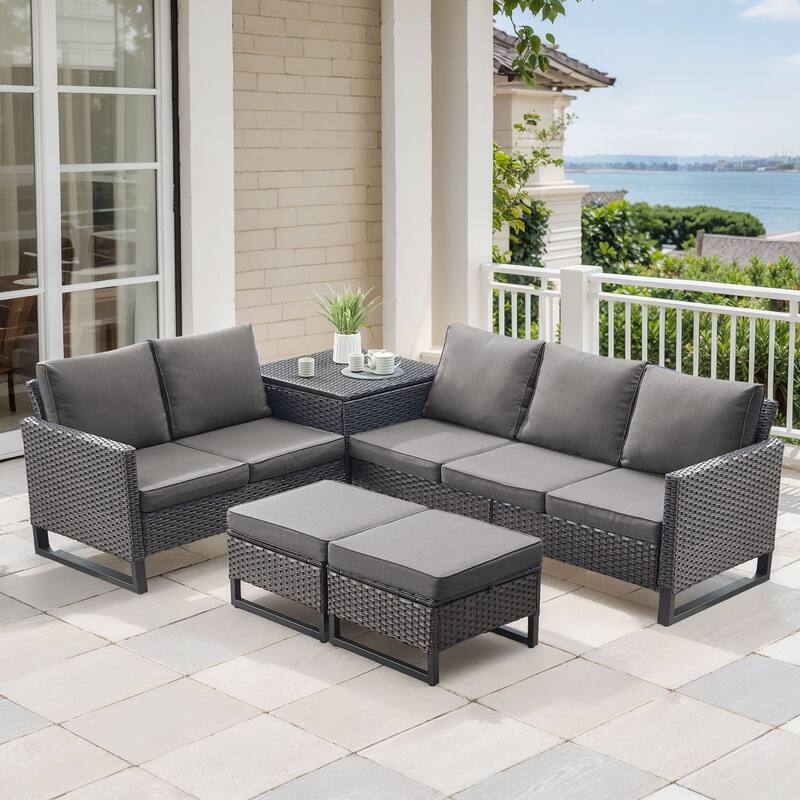 Gymojoy 5 Person All-Weather Wicker Outdoor Patio Sofa Set With Cushions And Ottoman