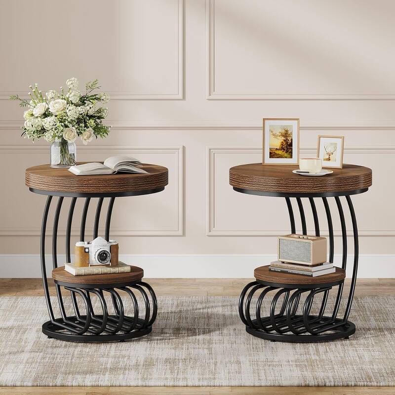 2 Tiers Round End Table with Shelf Storage, Arc-Shaped Side Sofa Table - Bown - 2 PCS
