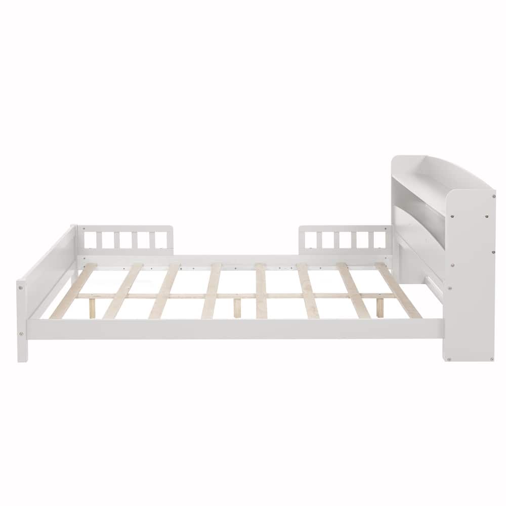 Pine Wood Platform Bed Low-Profile Bed Frame with Storage Headboard, Motion Sensor LED Light, Movable Guardrail, Slats Support