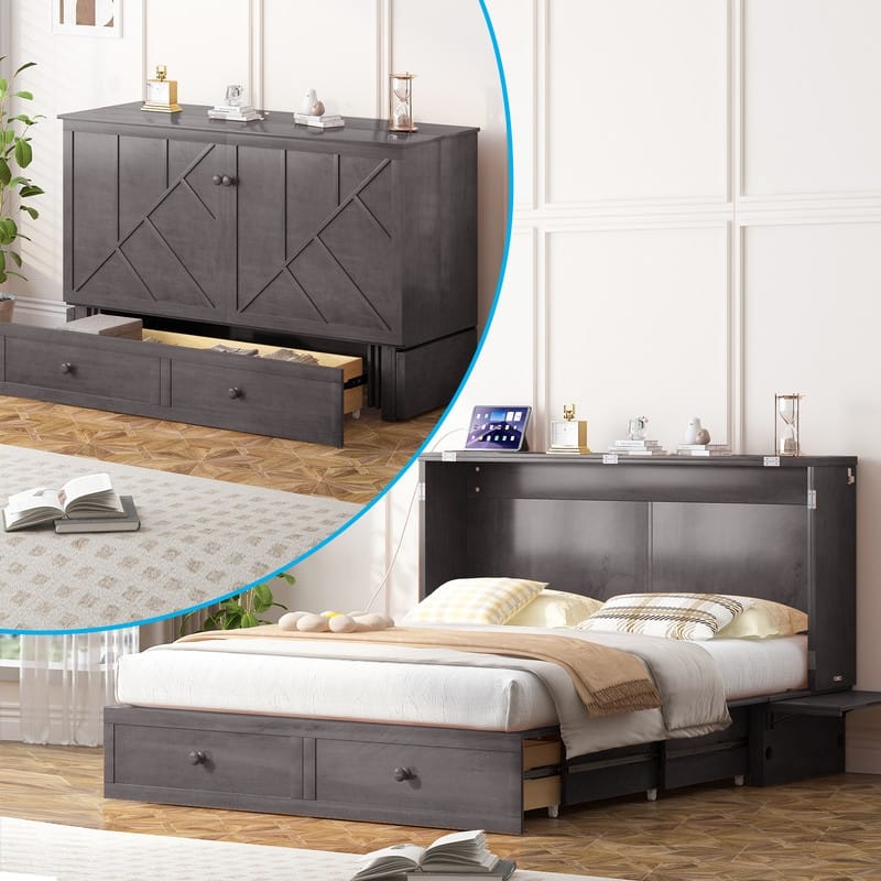 Mixoy Modern Queen Murphy Bed Chest with Mattress and USB ports - Grey - Queen