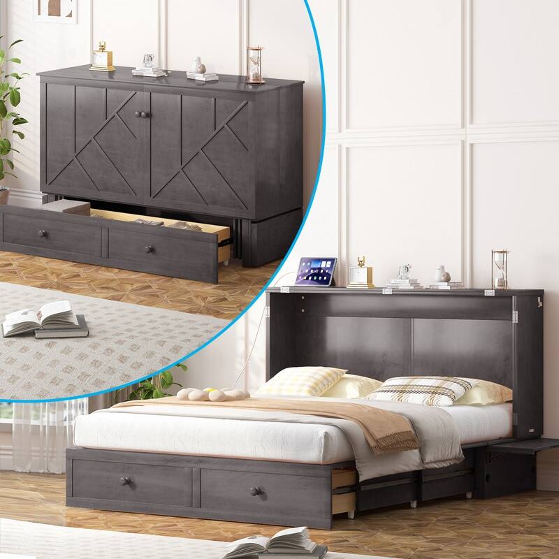 Mixoy Modern Queen Murphy Bed Chest with Mattress and USB ports