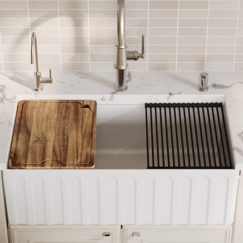 Karran 33" Single Bowl Workstation Fireclay Kitchen Sink with Reversible Fluted Apron Front