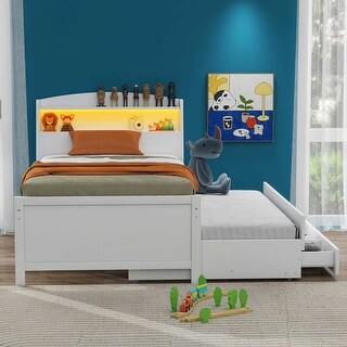 Twin Platform Bed with LED Headboard, Trundle, and 3-Storage Drawers, White