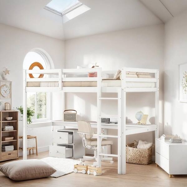 slide 2 of 12, Twin Loft Wood Bed with Under-bed, Built-in Desk, White White