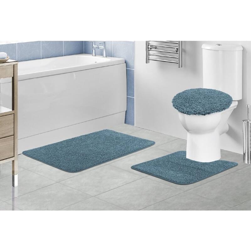 Layla 3 PC Shaggy Bathroom Rug Set, Bath Mat, Contour Rug, Lid Cover, Solid Colors