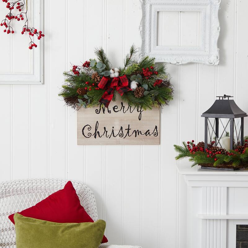 20" Holiday Merry Christmas Door Wall Hanger with Pinecones and Berries Gingham Plaid Bow Wall Art Décor