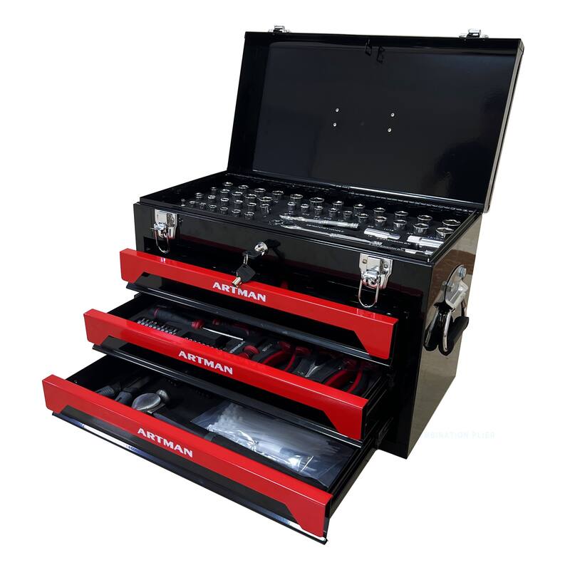 12-Gal. Black and Red Multilayer Steel Storage Tool Box with 3 Drawers - Black