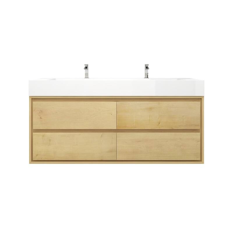 Victoria 60" Wall Mounted Modern Vanity with Double Acrylic Sink - 59.5'' - Light Oak