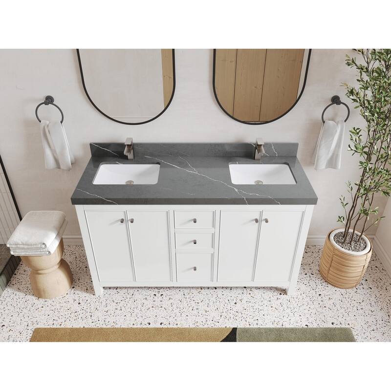 Willow Collections 60 in. W x 22 in. D Chicago Double Sink Bathroom Vanity with Countertop - 2” Piatra Gray - White