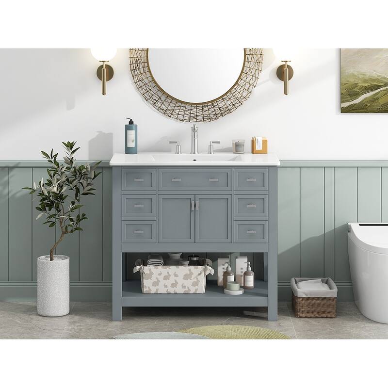 Roomfitters 36 Inch Bathroom Vanity with Sink, Modern Storage Cabinet with 2 Doors and 6 Drawers, Grey