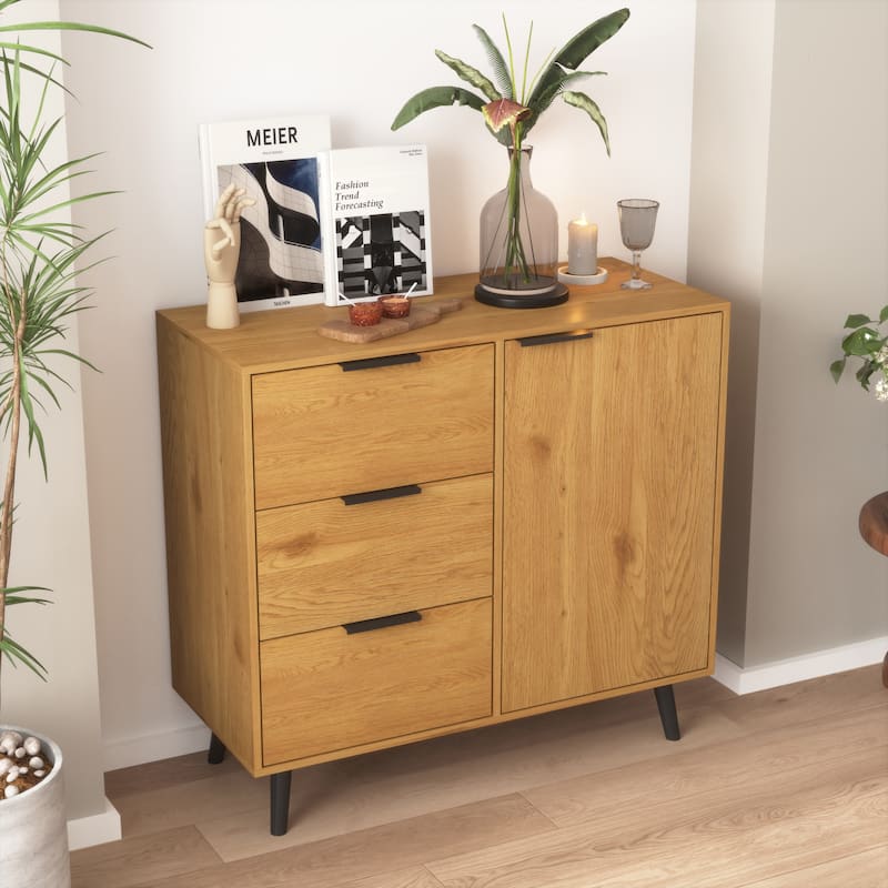 Storage Cabinet with 3 Drawers & Adjustable Shelf, Mid Century Cabinet with Door, Accent Cabinet