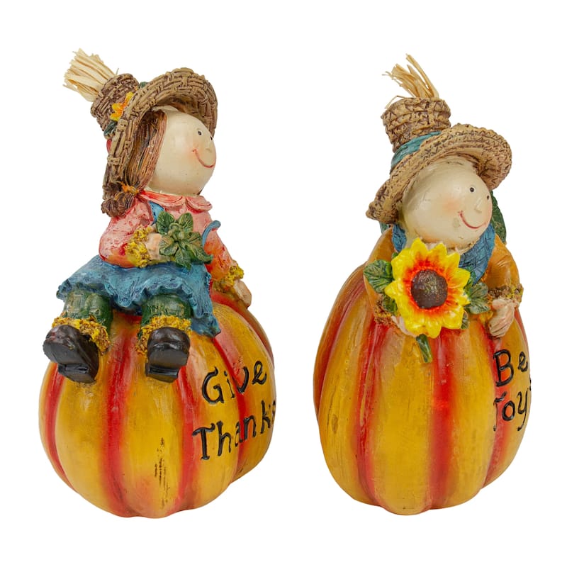 Set of 2 Girl and Boy Scarecrows on Pumpkins Fall Figurines 6"
