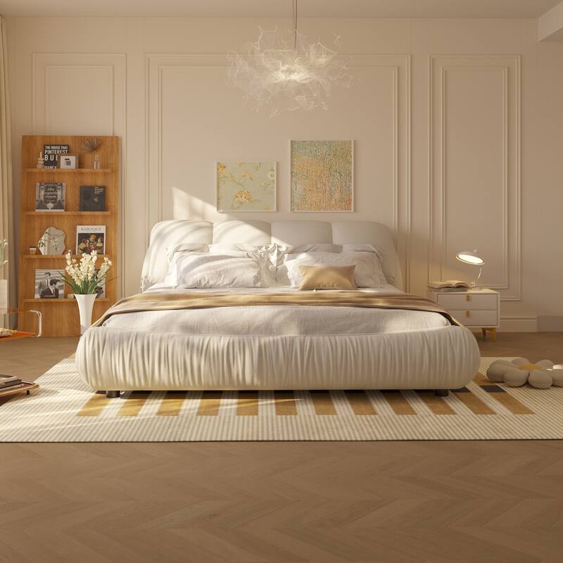 Queen Size Upholstered Platform Bed with Cushioned Headboard - Sturdy Solid Wood Frame. - Beige