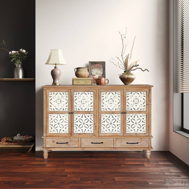 59" Wood Buffet Cabinet with 3-Drawer, 4-Door Retro Sideboard Buffet with Adjustable Shelf, Storage Entryway Console