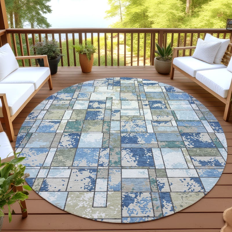 Machine Washable Indoor/ Outdoor Patchwork Chantille Rug - Blue - 8' x 8'
