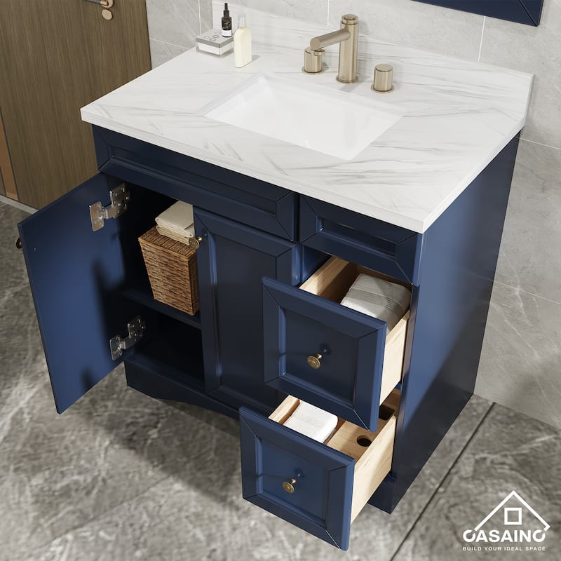 36 in. W x 22 in. D x 35.4 in. H Bath Vanity in Gray with Navy Blue Top and Basin