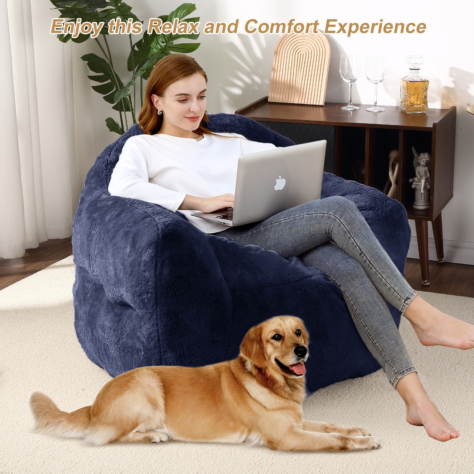 Giant Bean Bag Chair with Armrest Foam Filled Sofa Chair for Living Room Bedroom Navy Large
