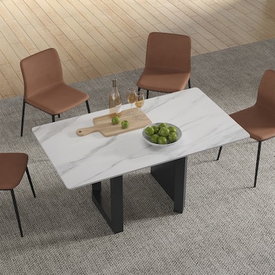 Modern Rectangle Stone Tabletop Black Titanium Stainless Double Pedestal Dining Table
