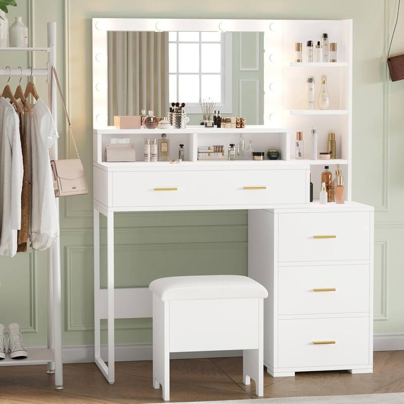4 Drawers 3 Shelves Dressing Table, Makeup Vanity Desk with Mirror and Lights for Bedroom