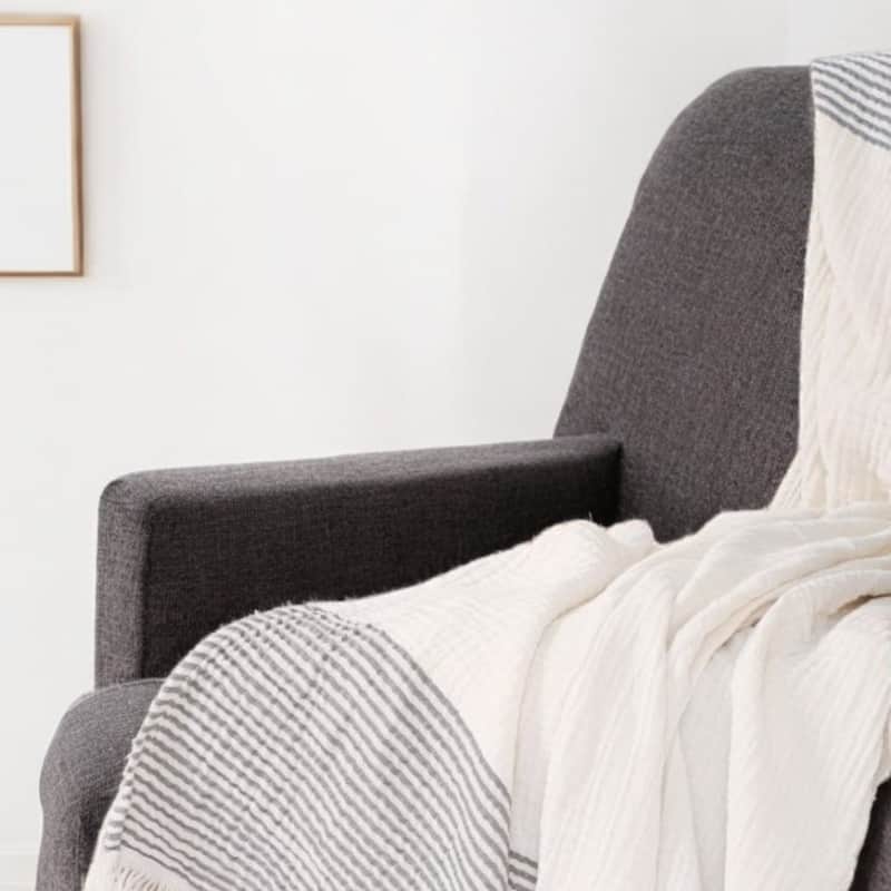 HomeRoots 47" X 60" Gray and Ivory Cotton Woven Striped Throw Blanket with Fringe - Throw - Gray