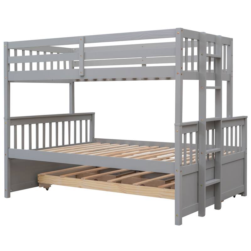 Space-Saving Twin-Over-Full Bunk Bed with Trundle and Drawers, Gray