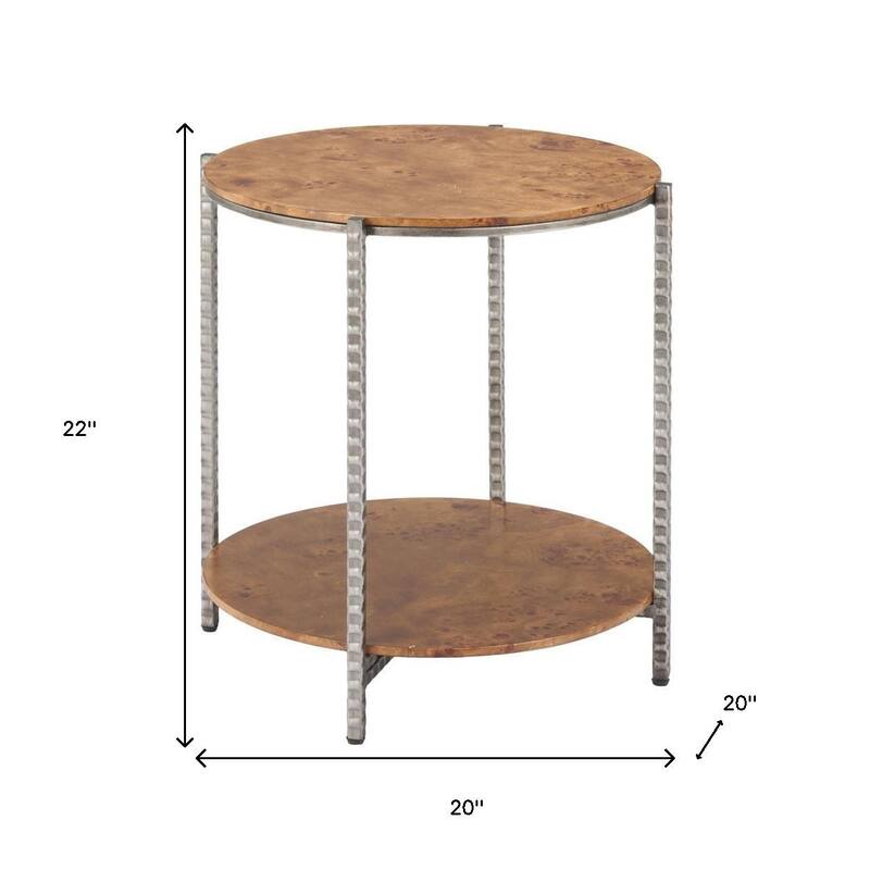 HomeRoots 22" Natural and Silver Wood and Steel Round End Table With Shelf - 20.00 in. x 22.00 in. x 20.00 in.