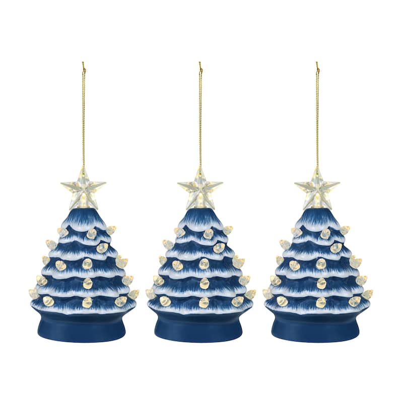 5 in. Set of 3 Nostalgic Ceramic Tree Ornament- Blue with White Bulbs