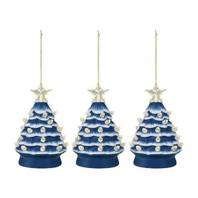 5 in. Set of 3 Nostalgic Ceramic Tree Ornament- Blue with White Bulbs
