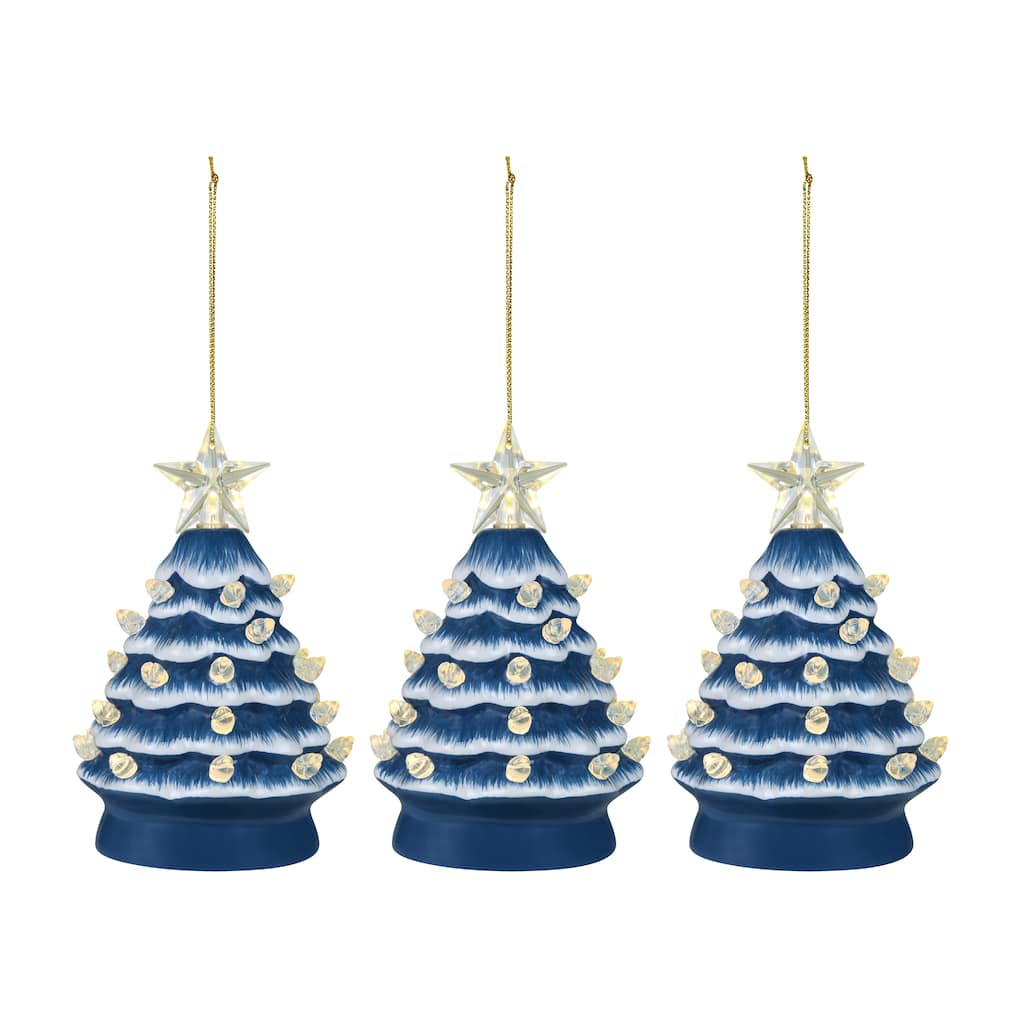 5 in. Set of 3 Nostalgic Ceramic Tree Ornament- Blue with White Bulbs