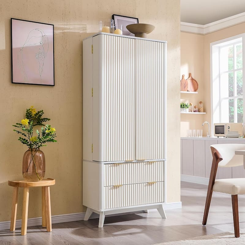 72" Tall Modern Fluted Pantry Cabinet, Storage Cabinet, Wood Cupboard - White