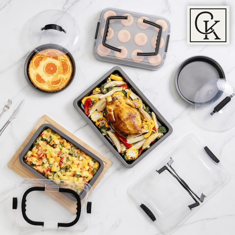 Country Kitchen Baking Pans Set 10 Piece Non-Stick Cake Pans with Carry Lids for Storage & Travel, Perfect for Parties Stackable