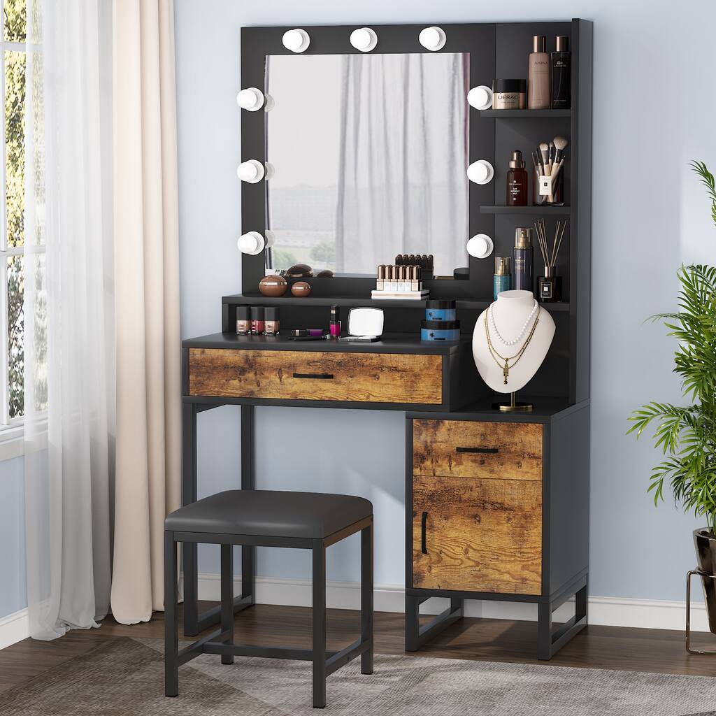 Vanity Desk, Makeup Table Set with Lighted Mirror & Stool, 2 drawers and Cabinet