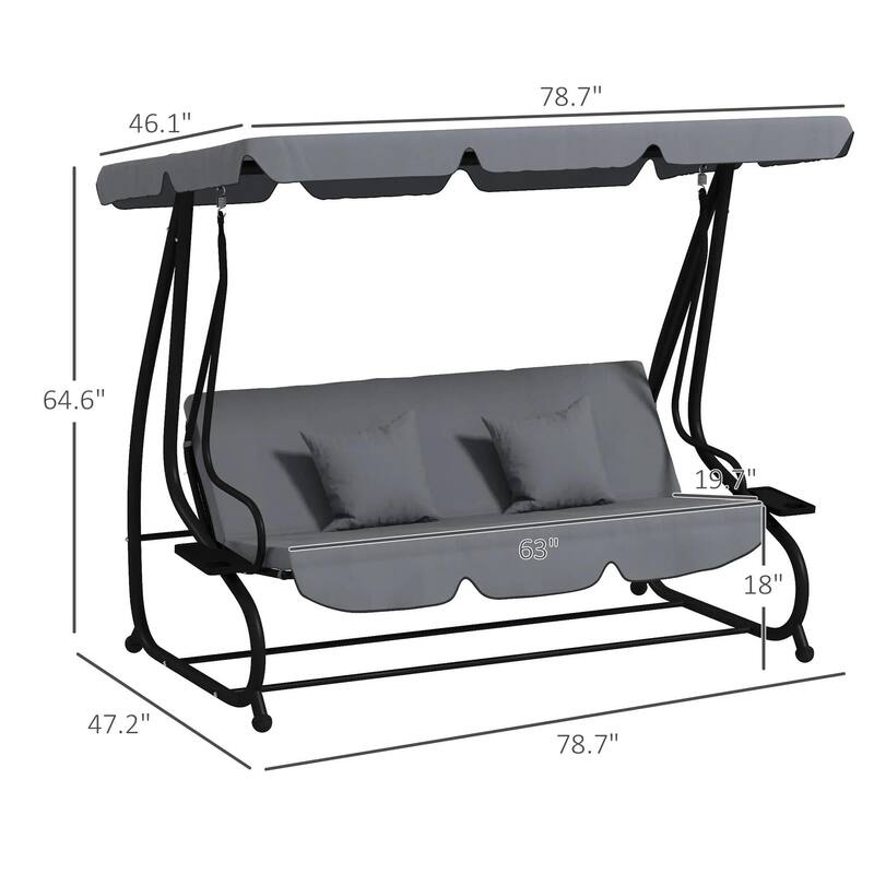 3-Seat Convertible Patio Swing Glider, Cushion Set, Adjustable Canopy