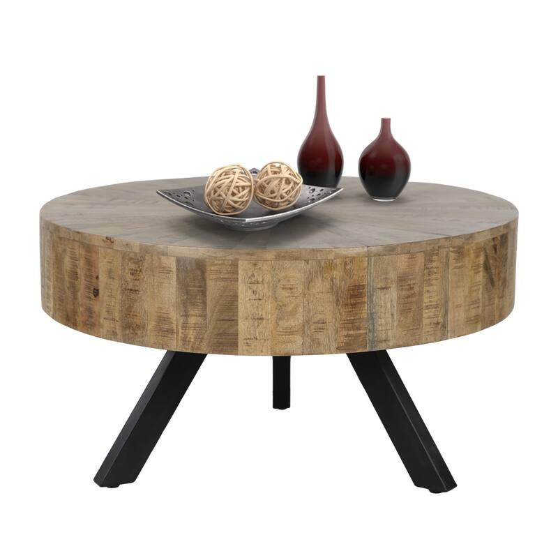 Rustic Round Coffee Table, Mango Wood With Metal Legs Mercury Table