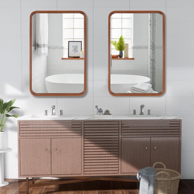 Round Corner Rectangle Farm Wall Mirror with Solid Wood Frame