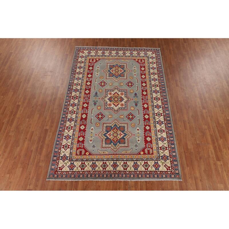 Geometric Grey Kazak Area Rug Handmade Bedroom Wool Carpet - 6'10" x 10'3"
