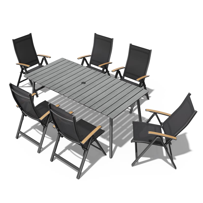 7/9-Piece Outdoor Rectangle Aluminum Dining Table with Umbrella Hole include Folding Chairs