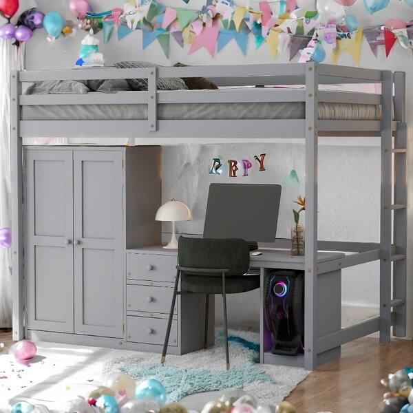 slide 2 of 34, Modern Desige Full Size Loft Bed with Wardrobe,Desk and Storage Drawers Grey