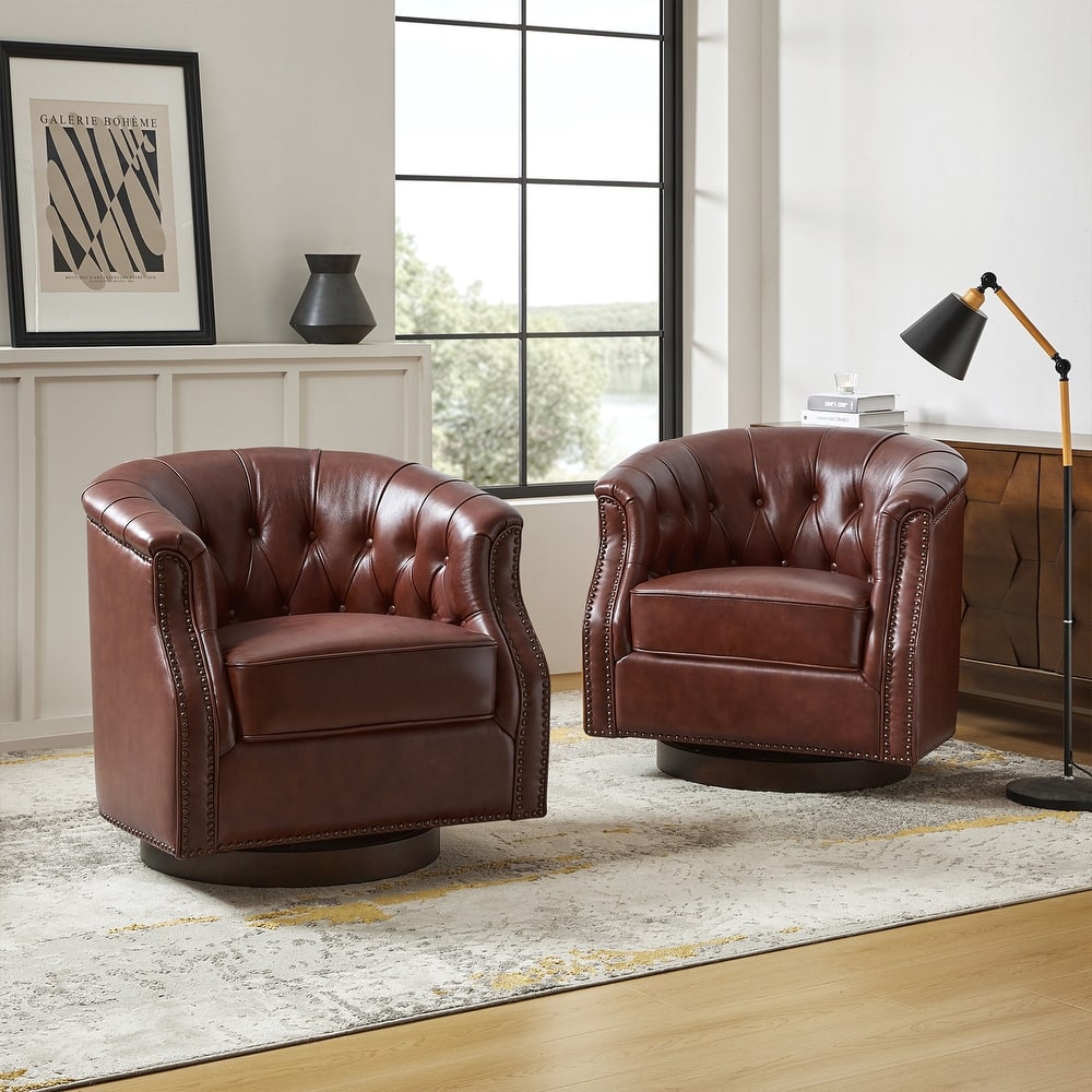 Max Traditional Chesterfield Rocker and Swivel Genuine Leather Chair with Nailhead Trims(Set of 2)