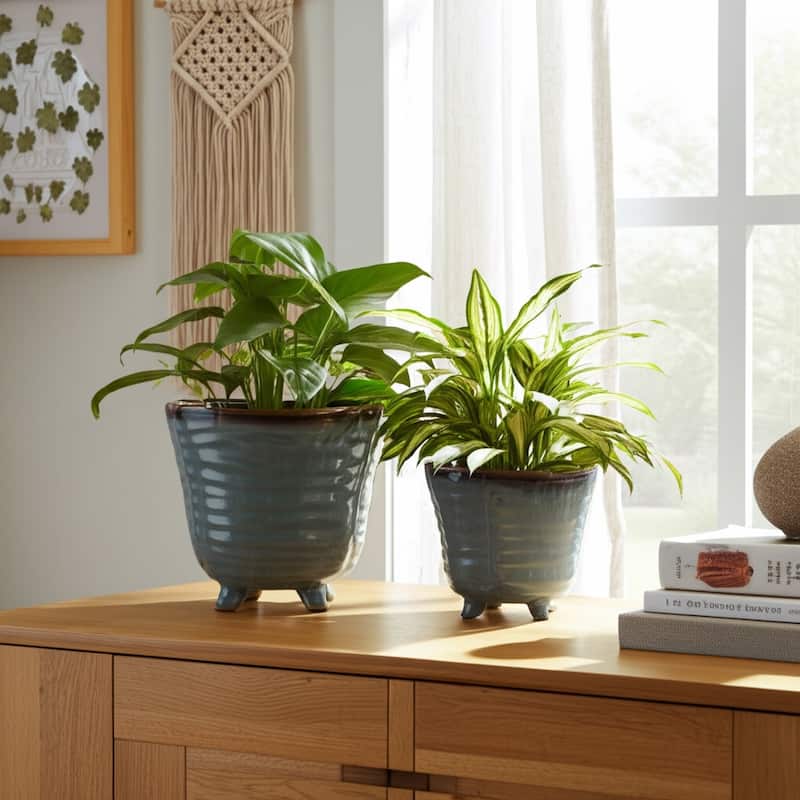 Stoneware Tripod Footed Planters Organic Rim Detail (Set of 2) - 7" x 7" x 6"