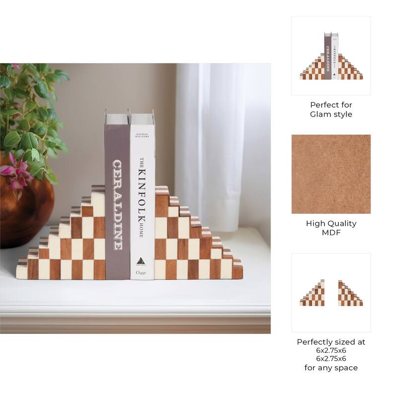 Modern Bookends with Wood and Resin Stair -Step Design - 6" Tan - 6" x 2.75" x 6"